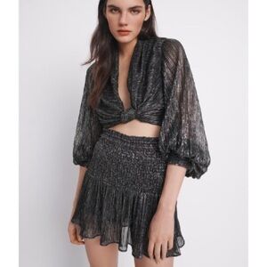 Zara Silver Metallic Knotted Crop Top + Mini Skort Set